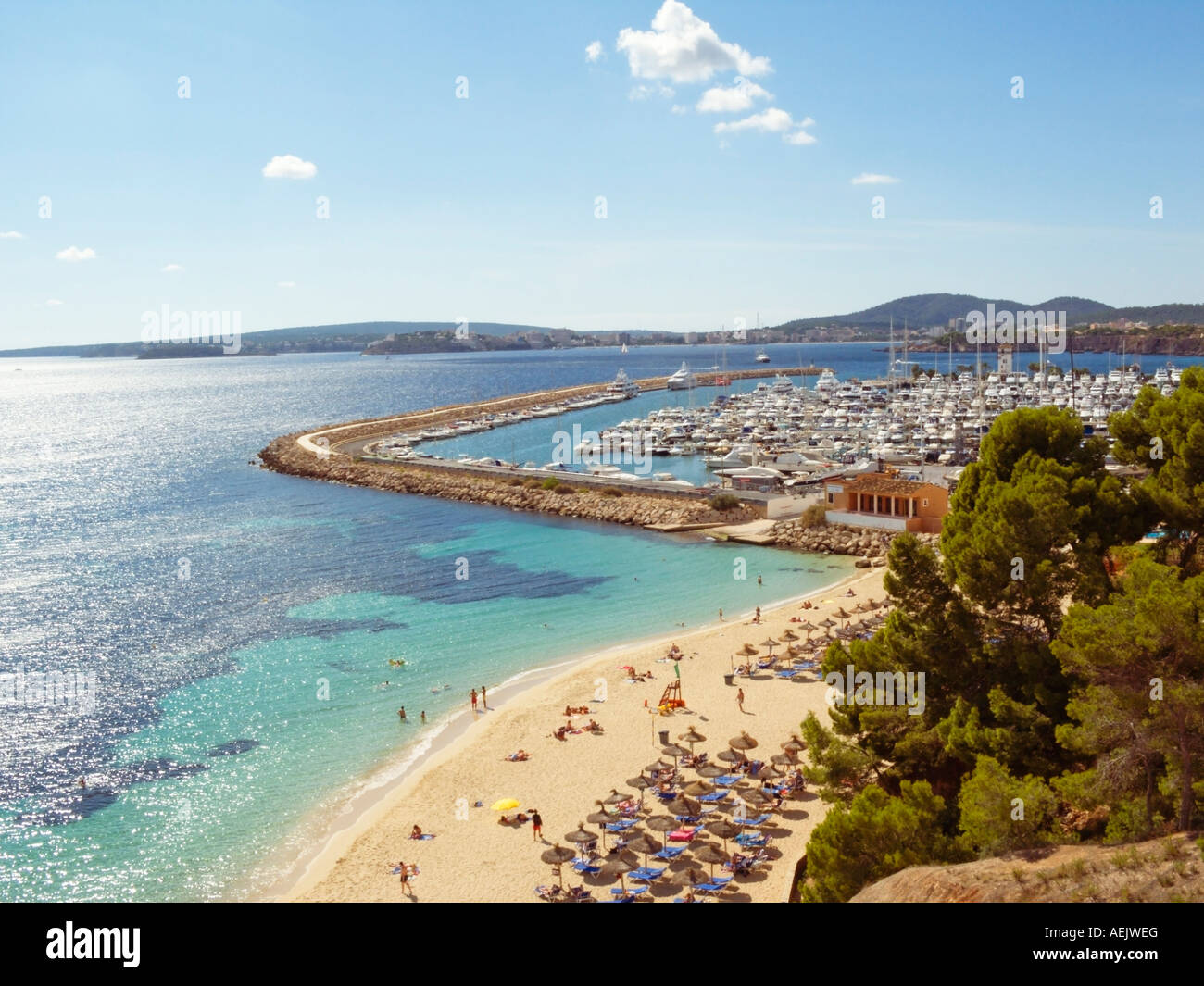 The exclusive area of Puerto Portals, Playa Oratori de Portals,Beach and and Puerto Portals Marina, Portals Nous, Ponent Region, Mallorca Stock Photo