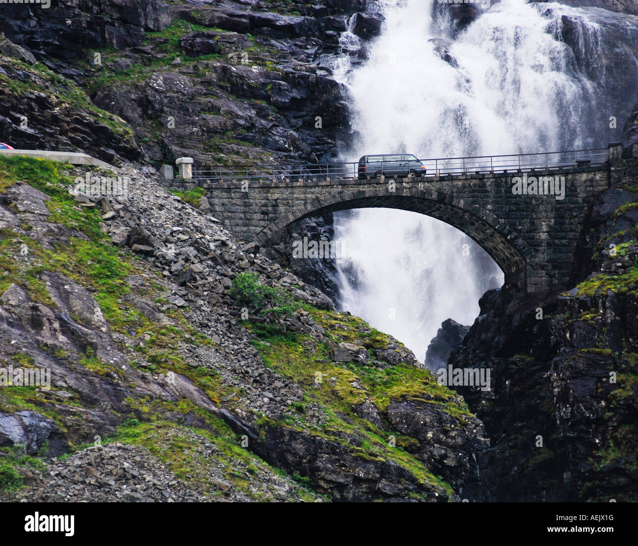 Stone Bridge Waterfall Stigfossen At The Trollstigen Norway Stock Photo Alamy