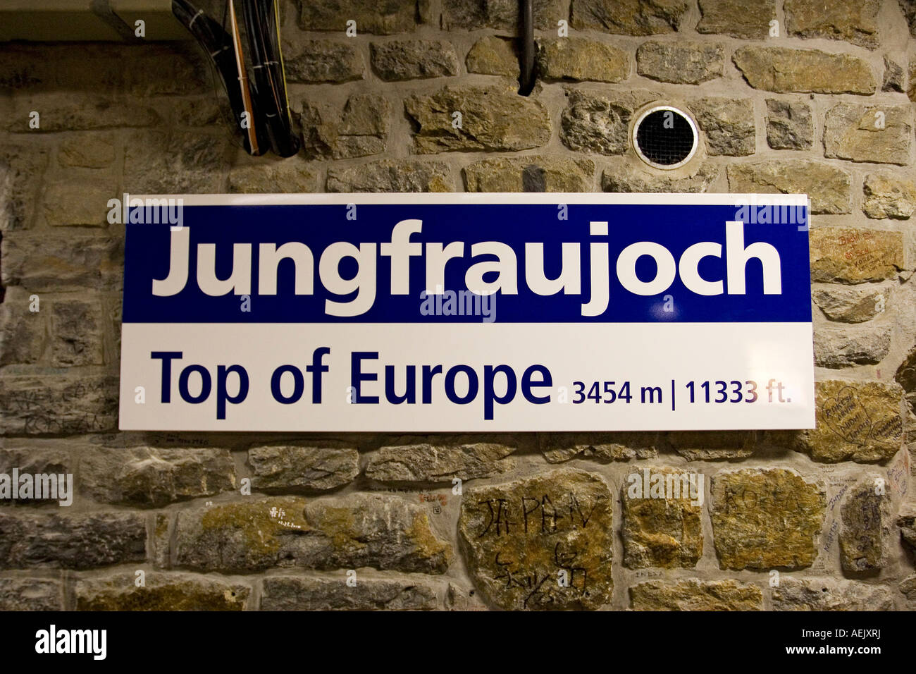 Sign of the station Jungfraujoch, europeans highest station, Bernese Oberland, Alps, Switzerland Stock Photo