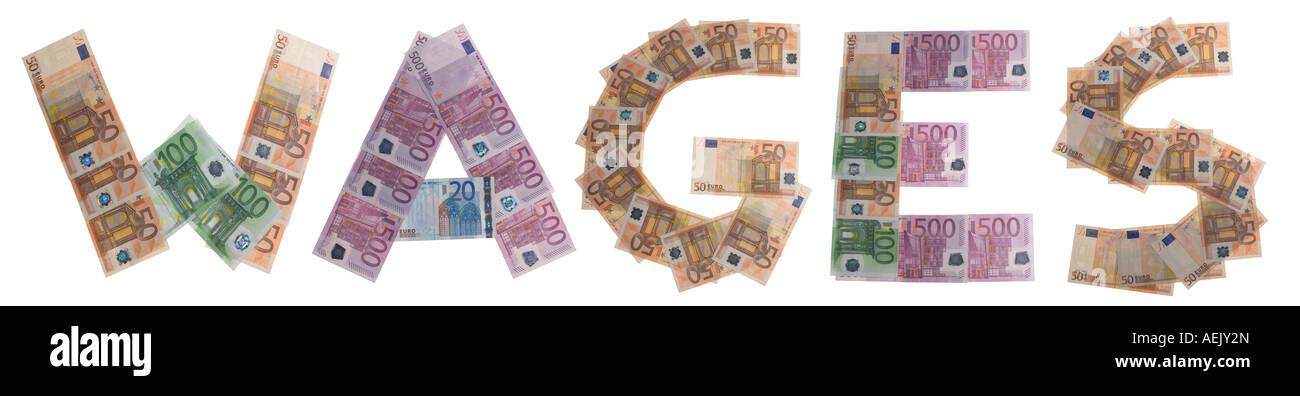 Wages, written with bank notes Stock Photo