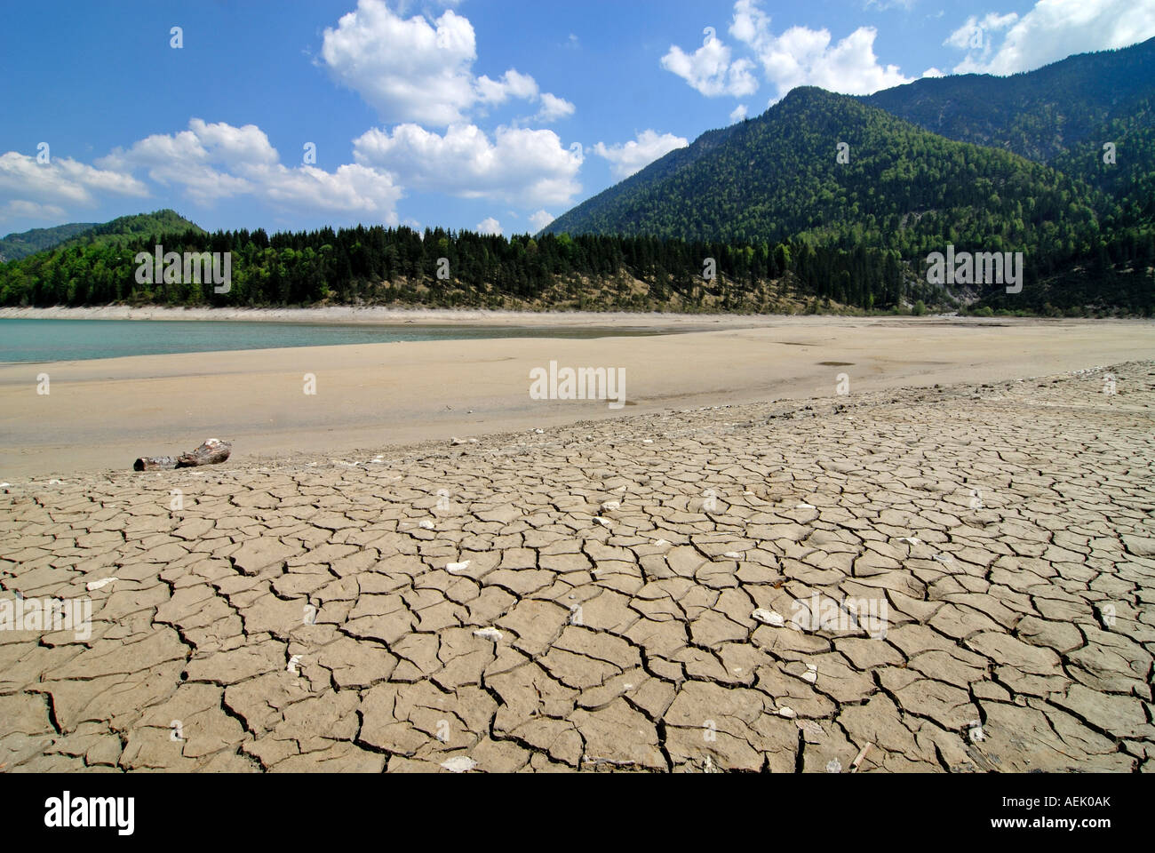 Water shortage in April 2007, Lake Sylvenstein, Upper Bavaria, Germany Stock Photo