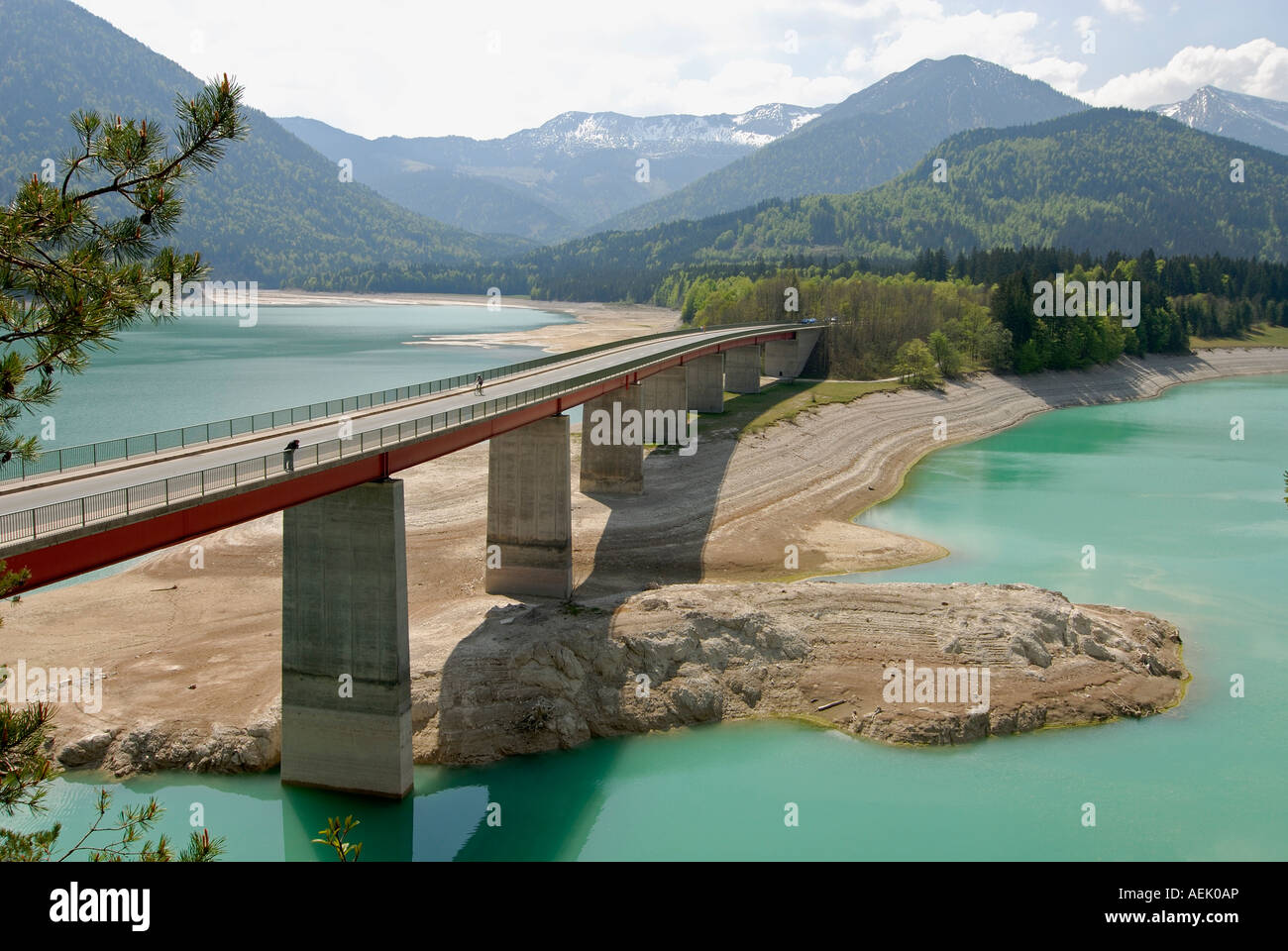 Water shortage in April 2007, Lake Sylvenstein, Upper Bavaria, Germany Stock Photo