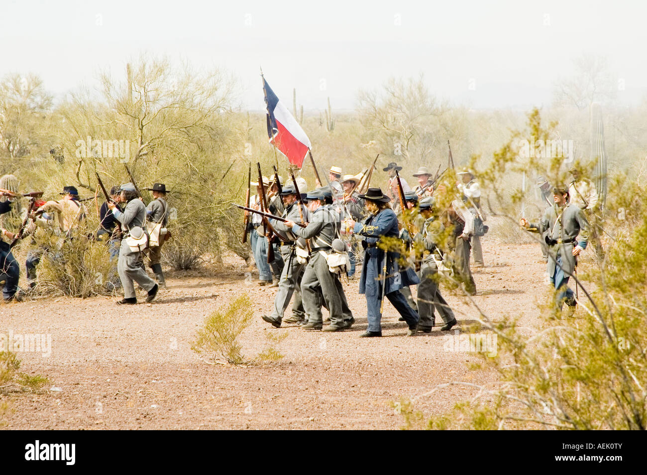 an infantry charge during a civil war reenactment of the battle of Valverde at Picacho Peak State Park Arizona March 2007 Stock Photo