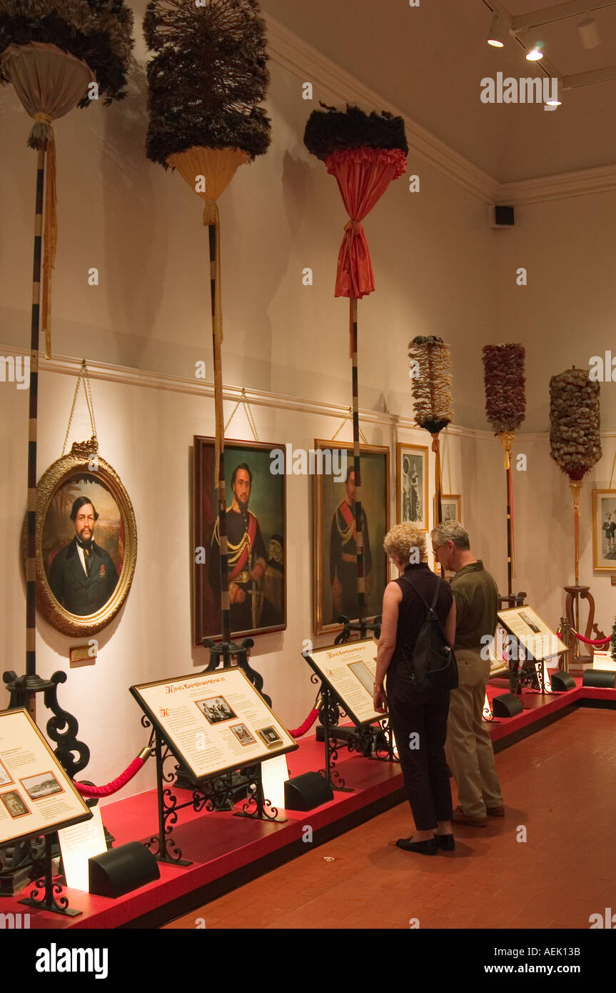 Visitors in the Kahili Room at Bernice Pauahi Bishop Museum Honolulu Hawaii Stock Photo