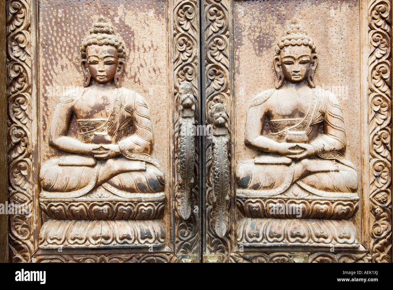 Historic wooden door in the old town of Kathmandu, Nepal Stock Photo