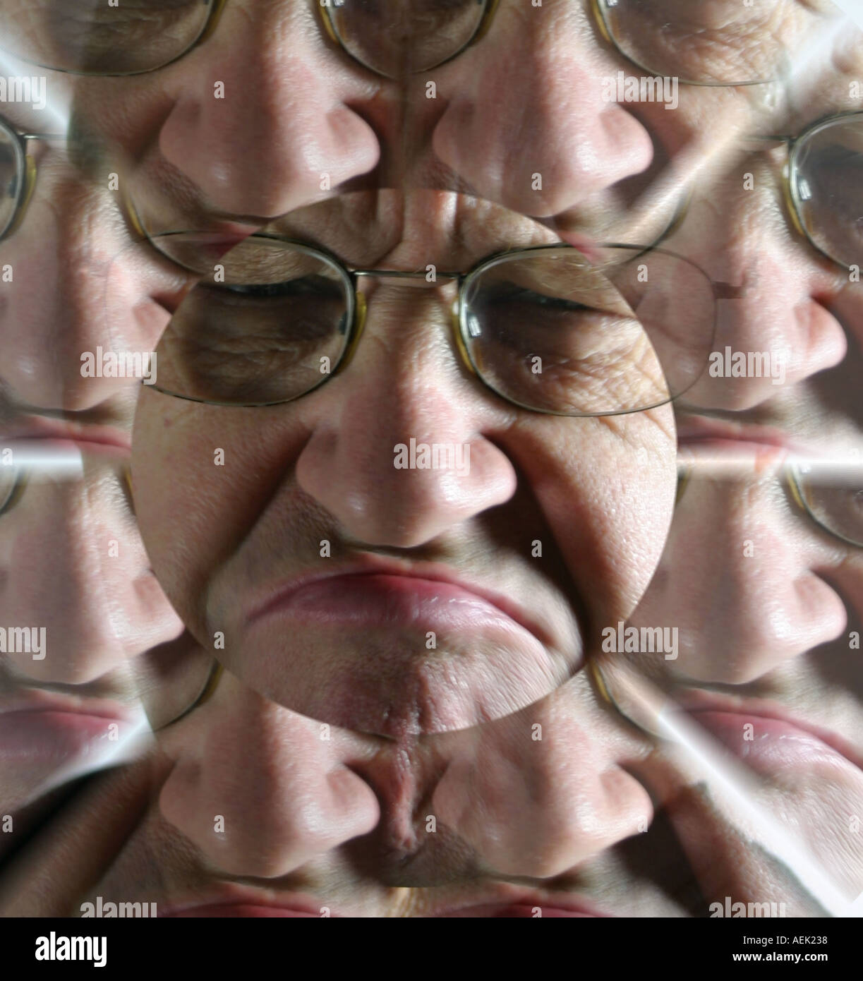 Multiple image of male aged 60 with grumpy face Stock Photo