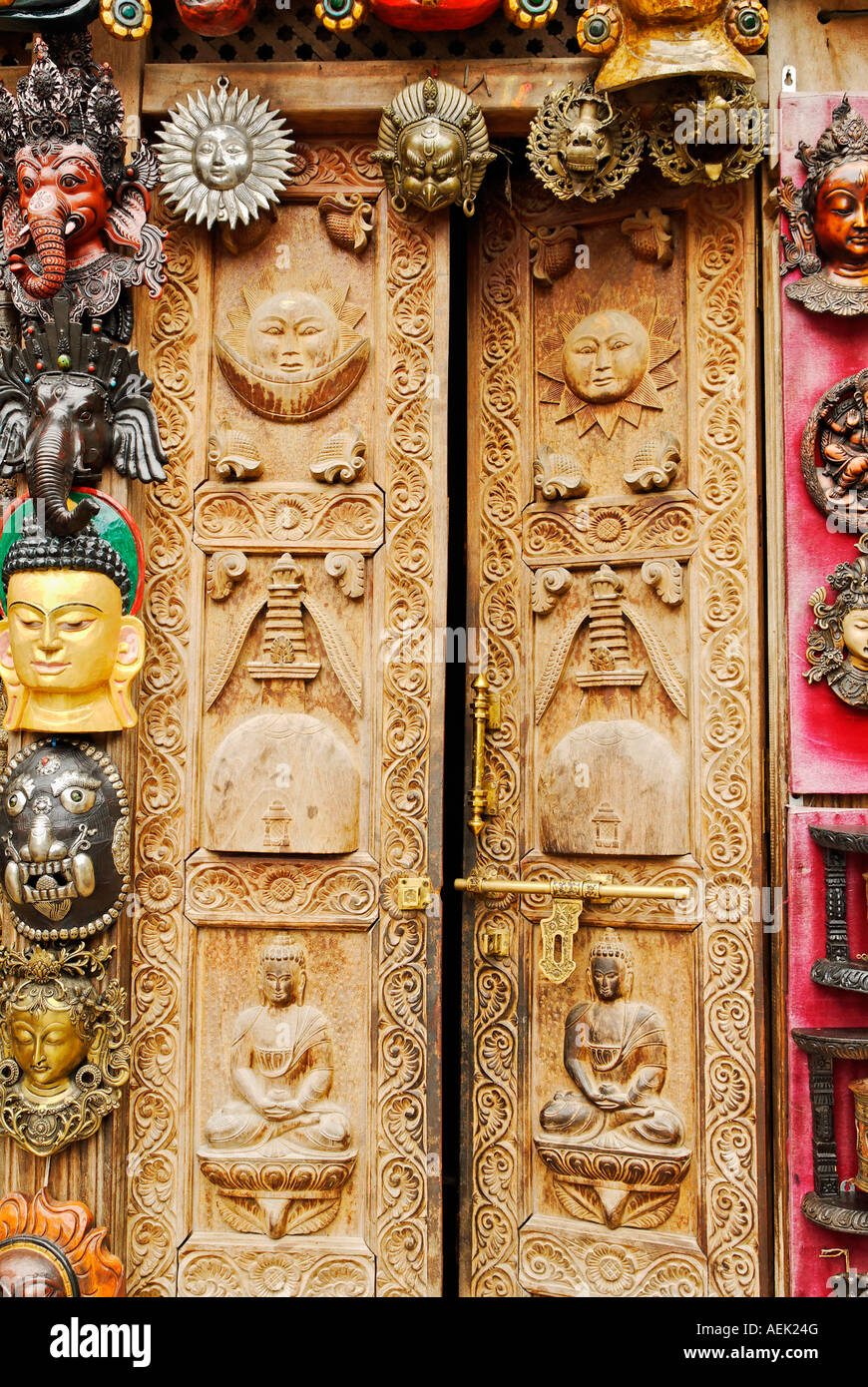 Historic wooden door in the old town of Kathmandu, Nepal Stock Photo ...