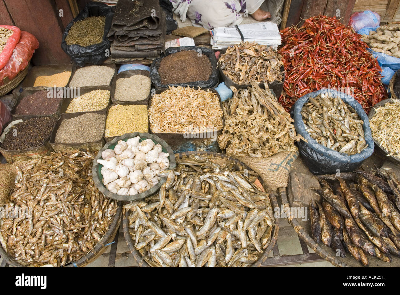 Market booth with dried fish at Durbar Square, Kathmandu, Nepal Stock