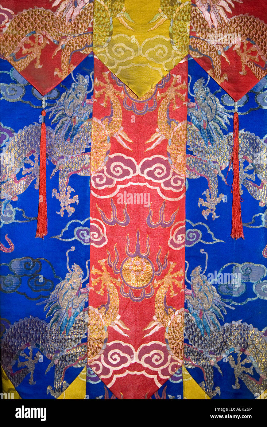 Silk embroidery in a buddhist temple, Kathmandu, Nepal Stock Photo