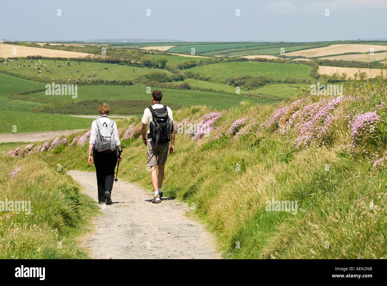 Walkers on hilltop above Church Cove starting walk on "Carrag A Pilez