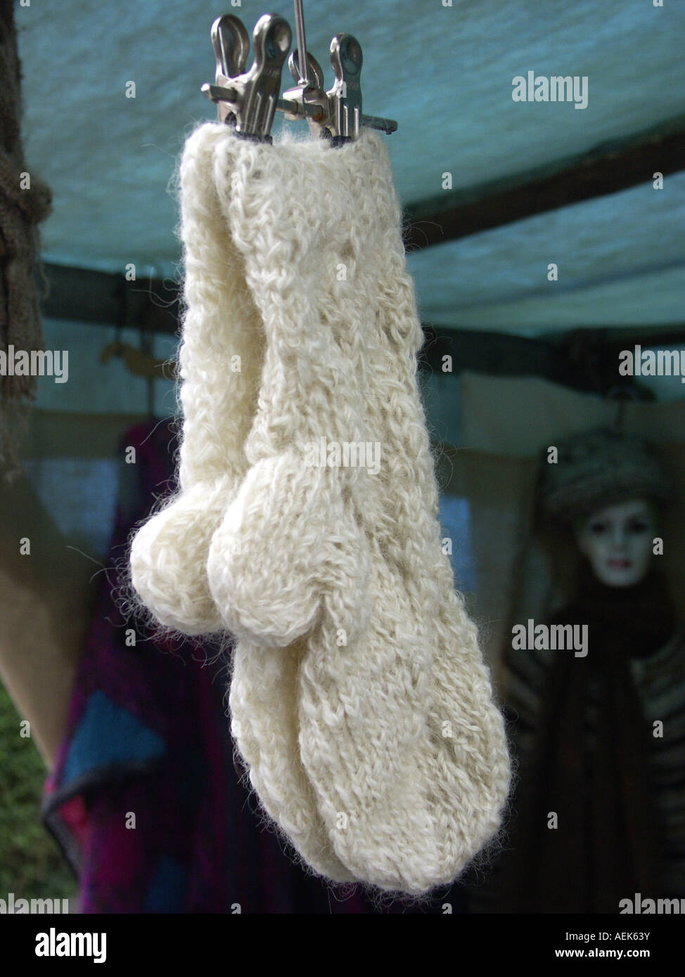 Sheep's wool sock at a sales stand Stock Photo