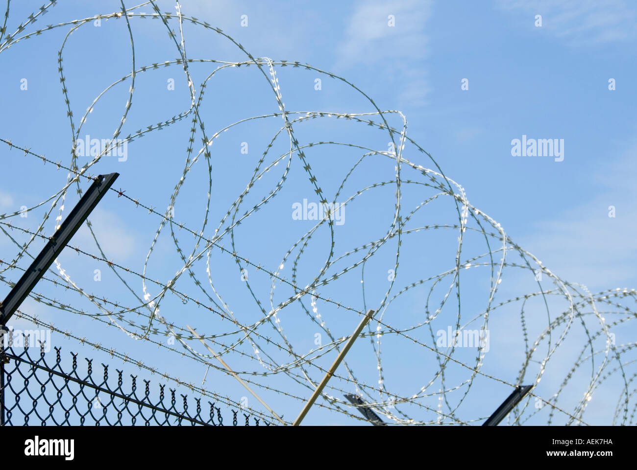 RNAS Culdrose stainless steel razor wire coiled along top of chain link perimeter fence augmenting standard barbwire Stock Photo