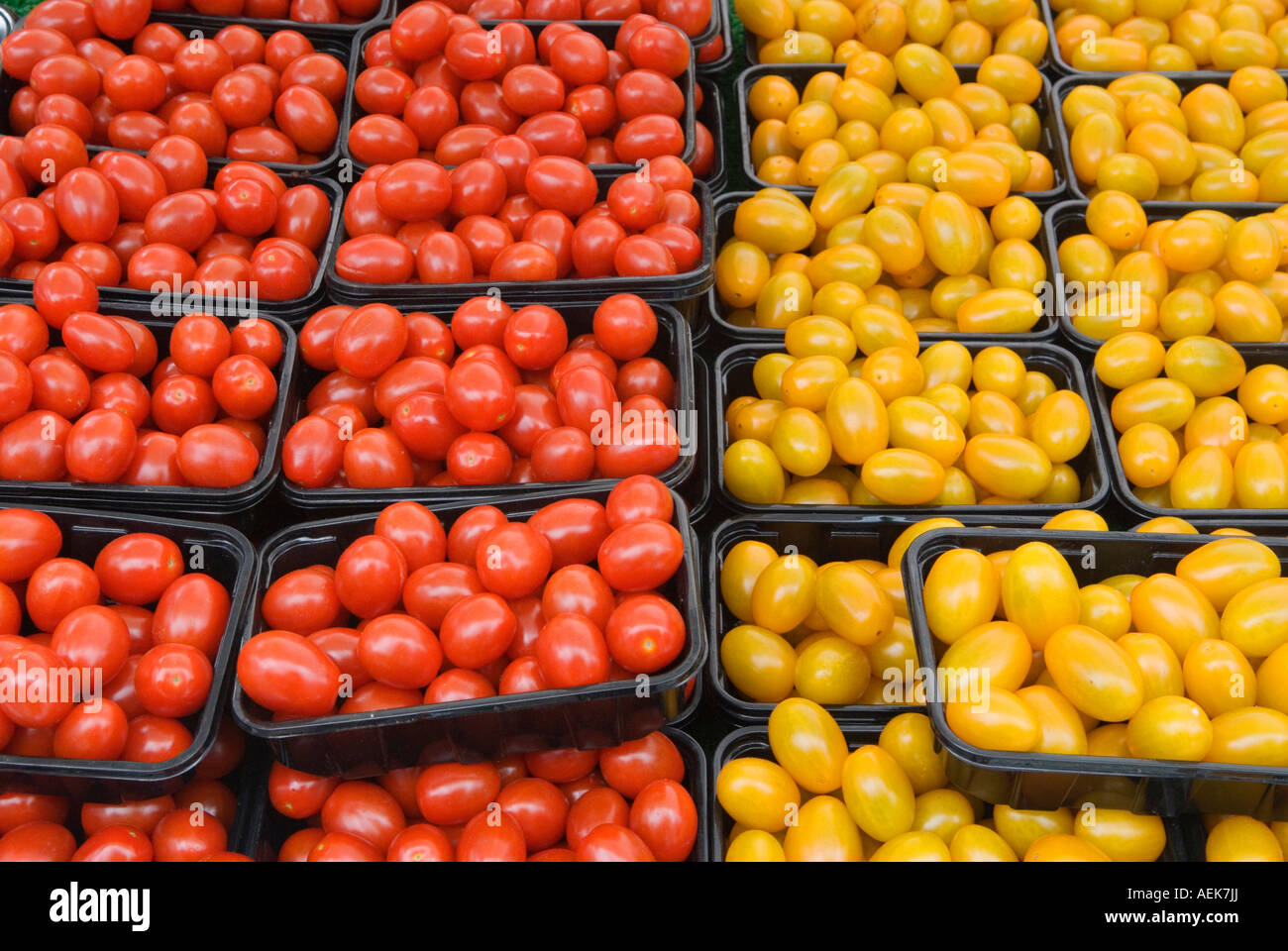 Organic fresh tomatoes red yellow organically grown at a Farmers Market in Queens Park, north London England 2007 2000s Uk HOMER SYKES Stock Photo