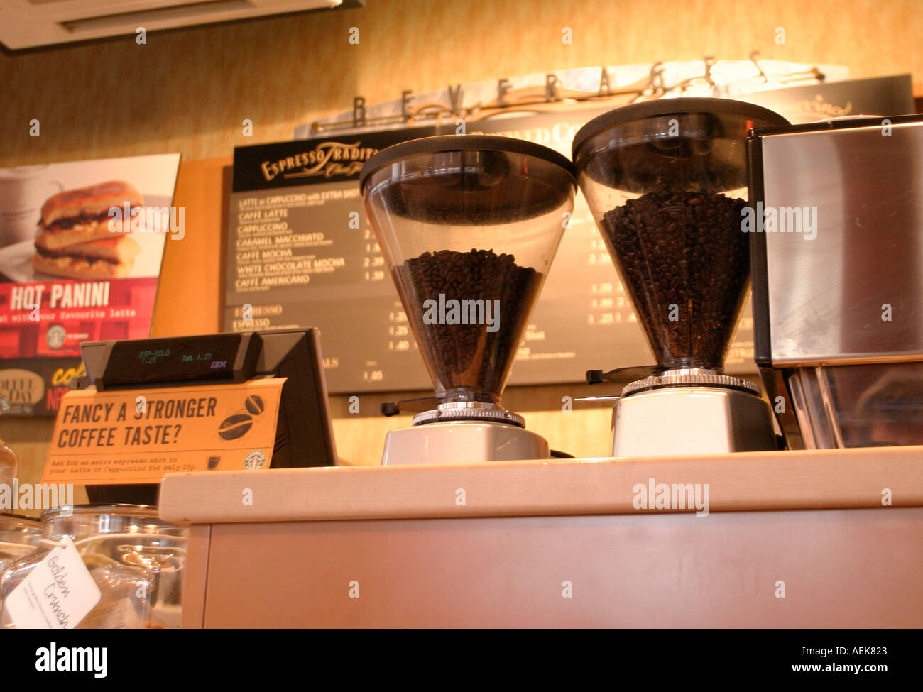 Coffee shop counter with grinders and beans. Farringdon, London