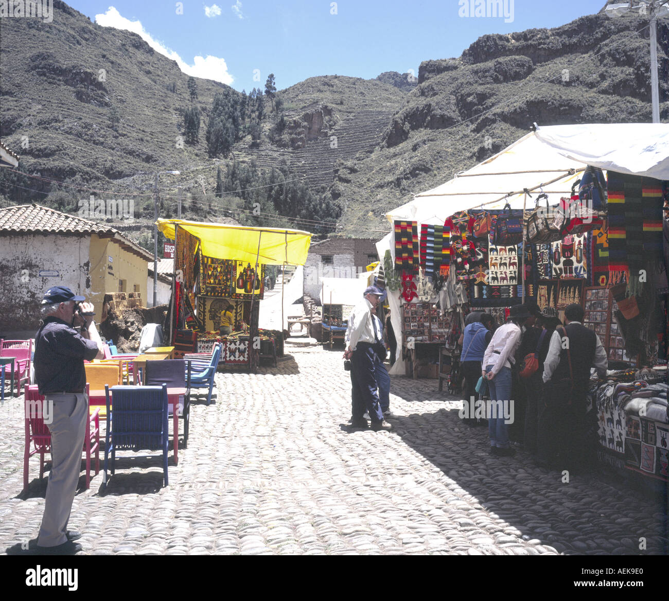 Peru Pisac market with tourists 2004 Stock Photo