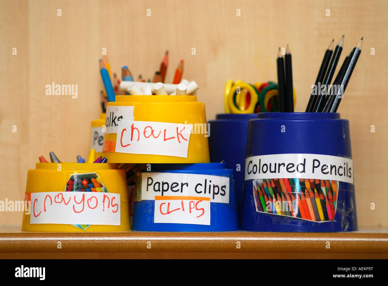 Stationery items on display in nursery school, Middlesex, UK Stock