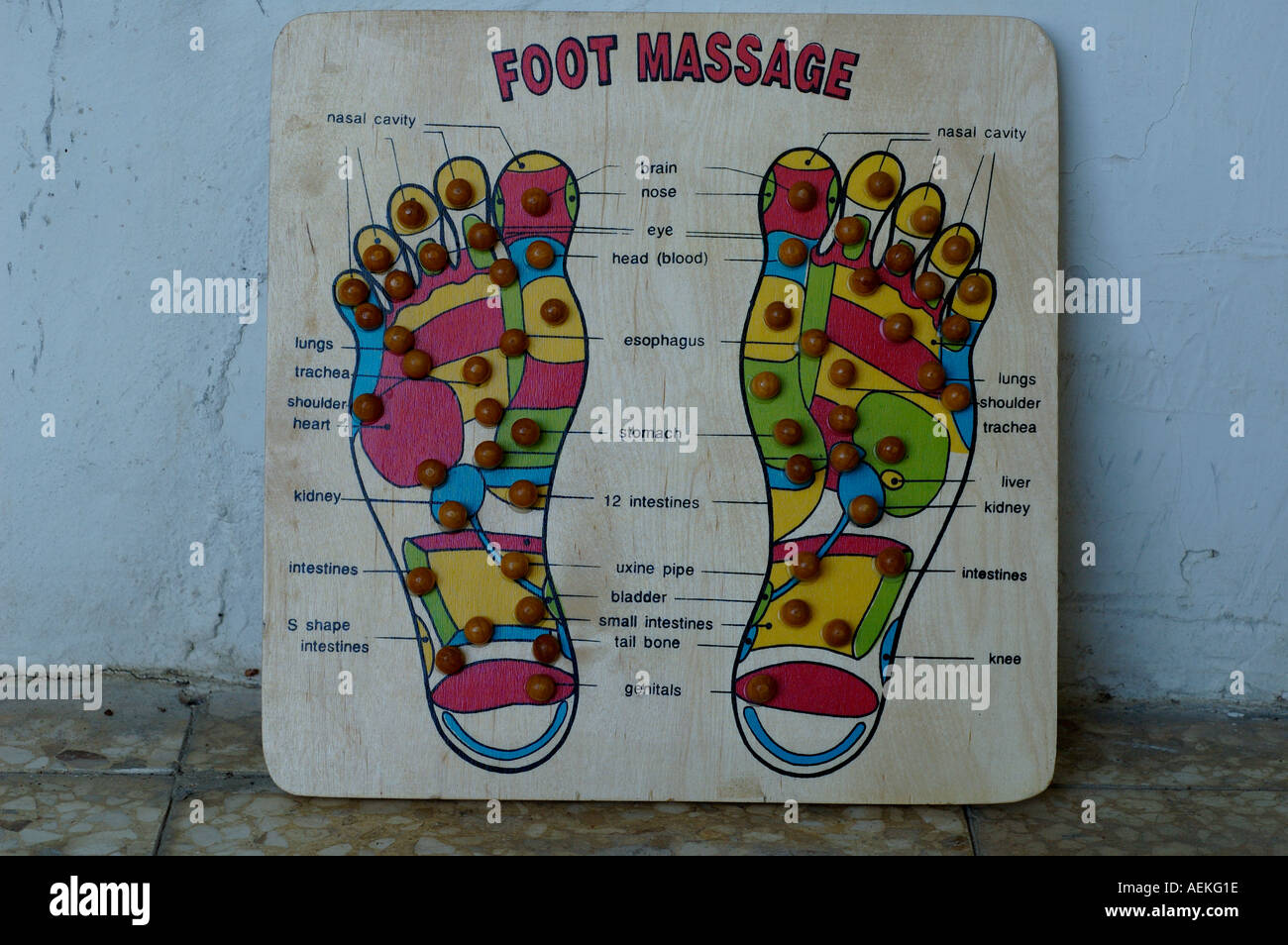 Reflexology chart, correlating areas of the feet with portions of the body on wooden board Stock Photo