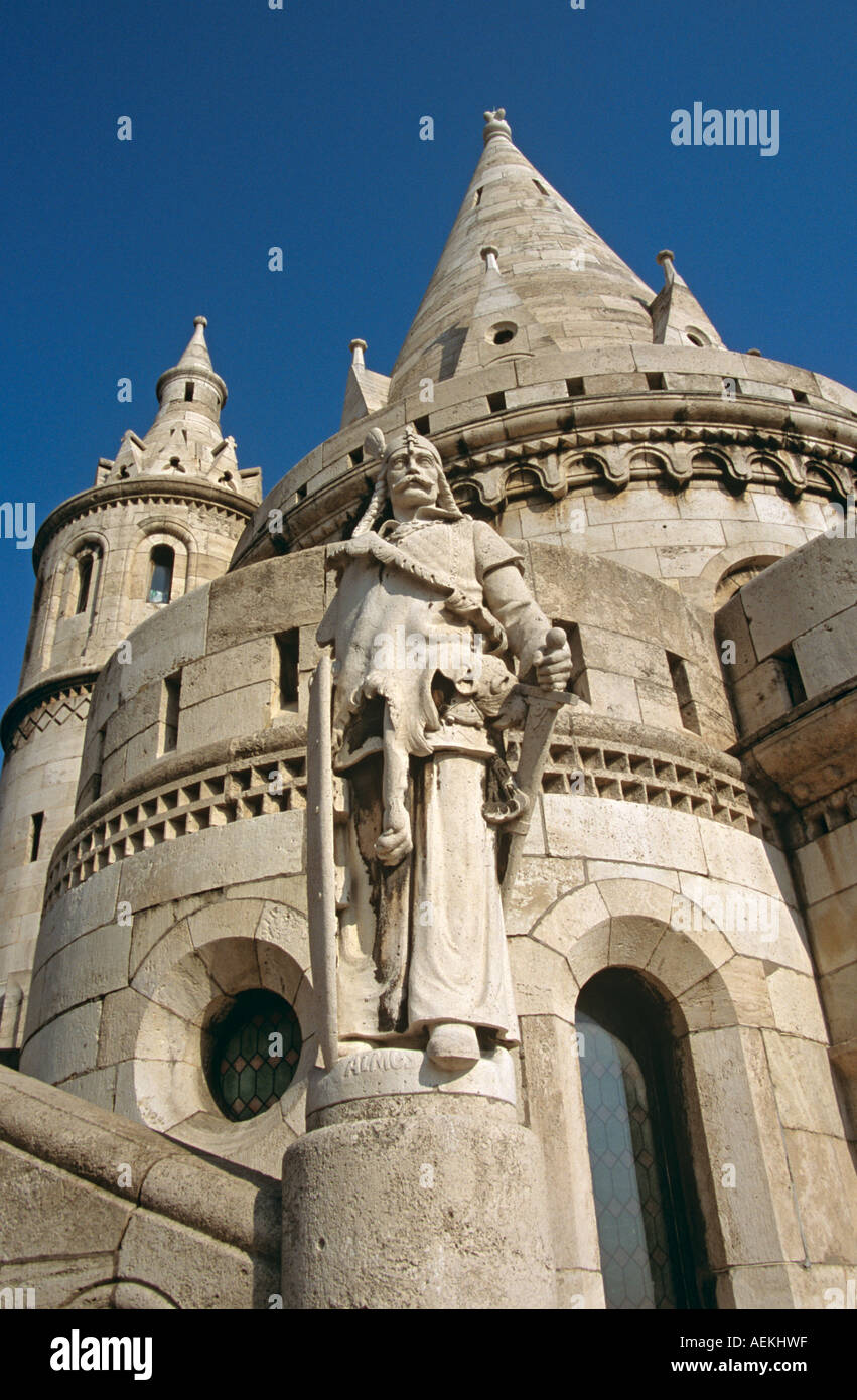 Fishermen's Bastion, Saint Stephen's (Szent Istvan) statue, Trinity Square, Castle Hill District, Budapest, Hungary Stock Photo