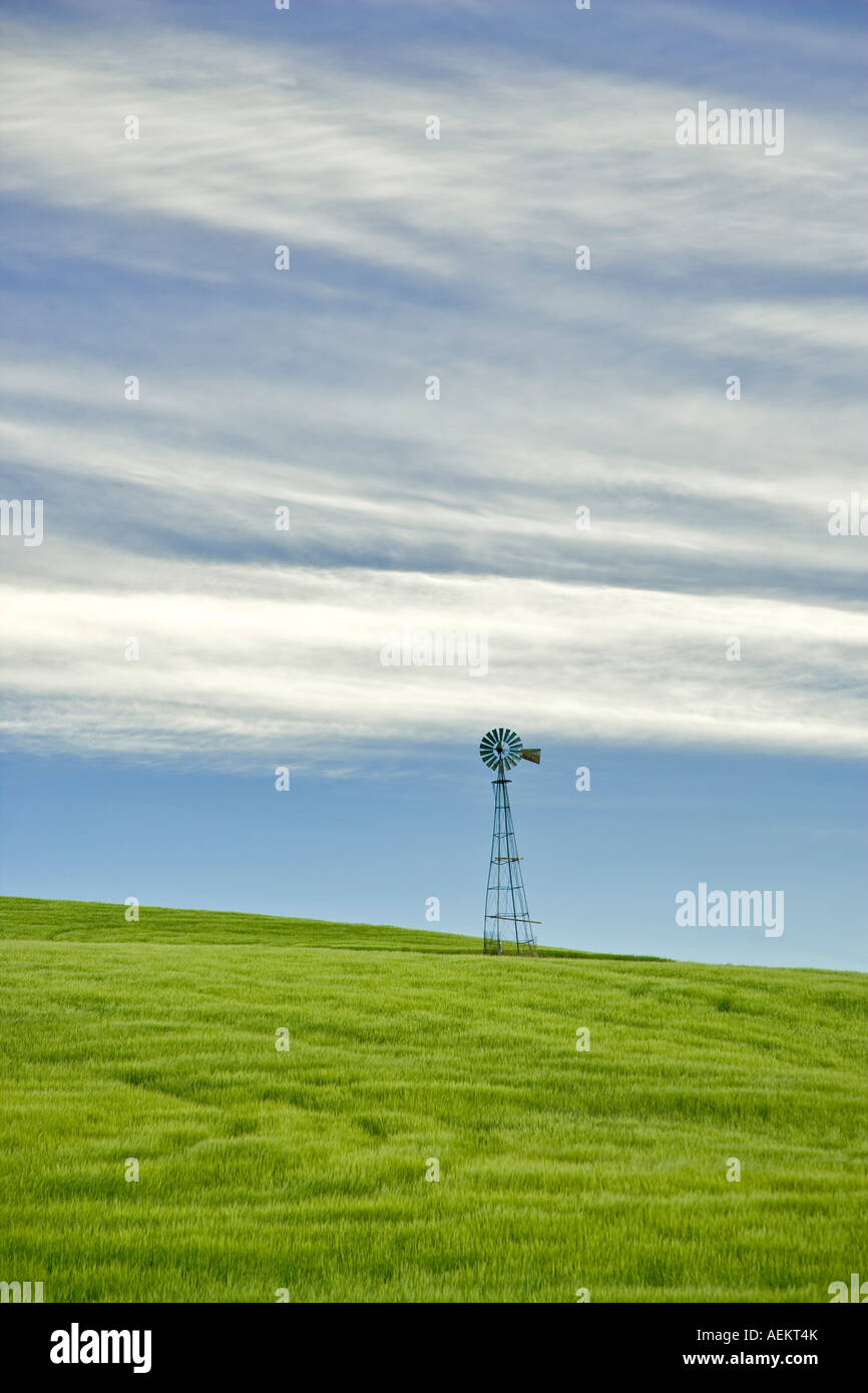 Windmill in wheat field The Palouse Washington Stock Photo