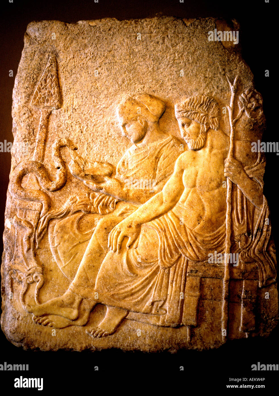Ascelepios/ Aesculapius, god of medicine with daughter Hygiena, 6th c. BC. Greece Stock Photo