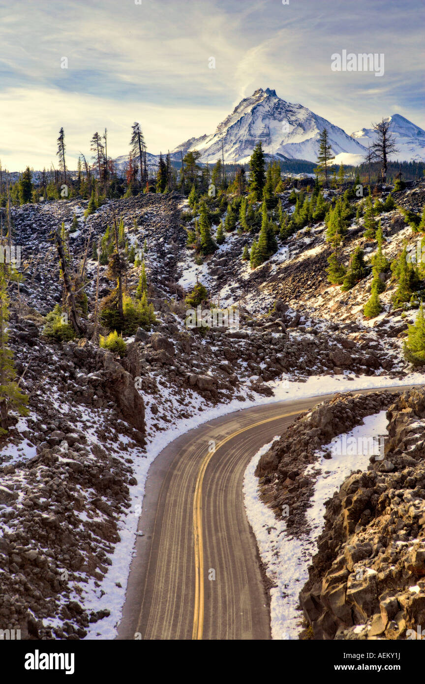 Old McKenzie Highway 242 with first snowfall of season Central Oregon