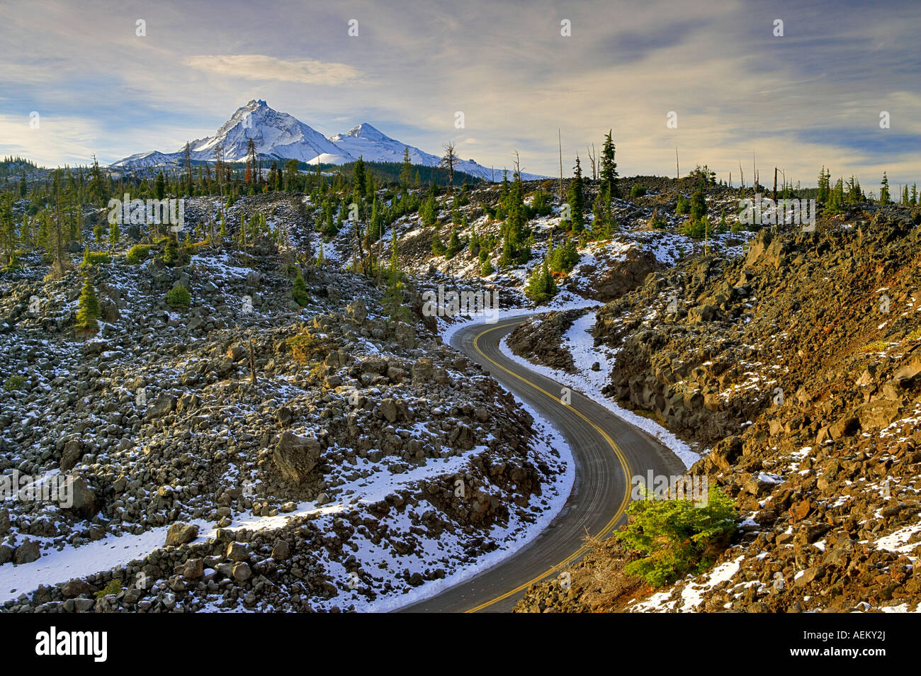 Old McKenzie Highway 242 with first snowfall of season Central Oregon