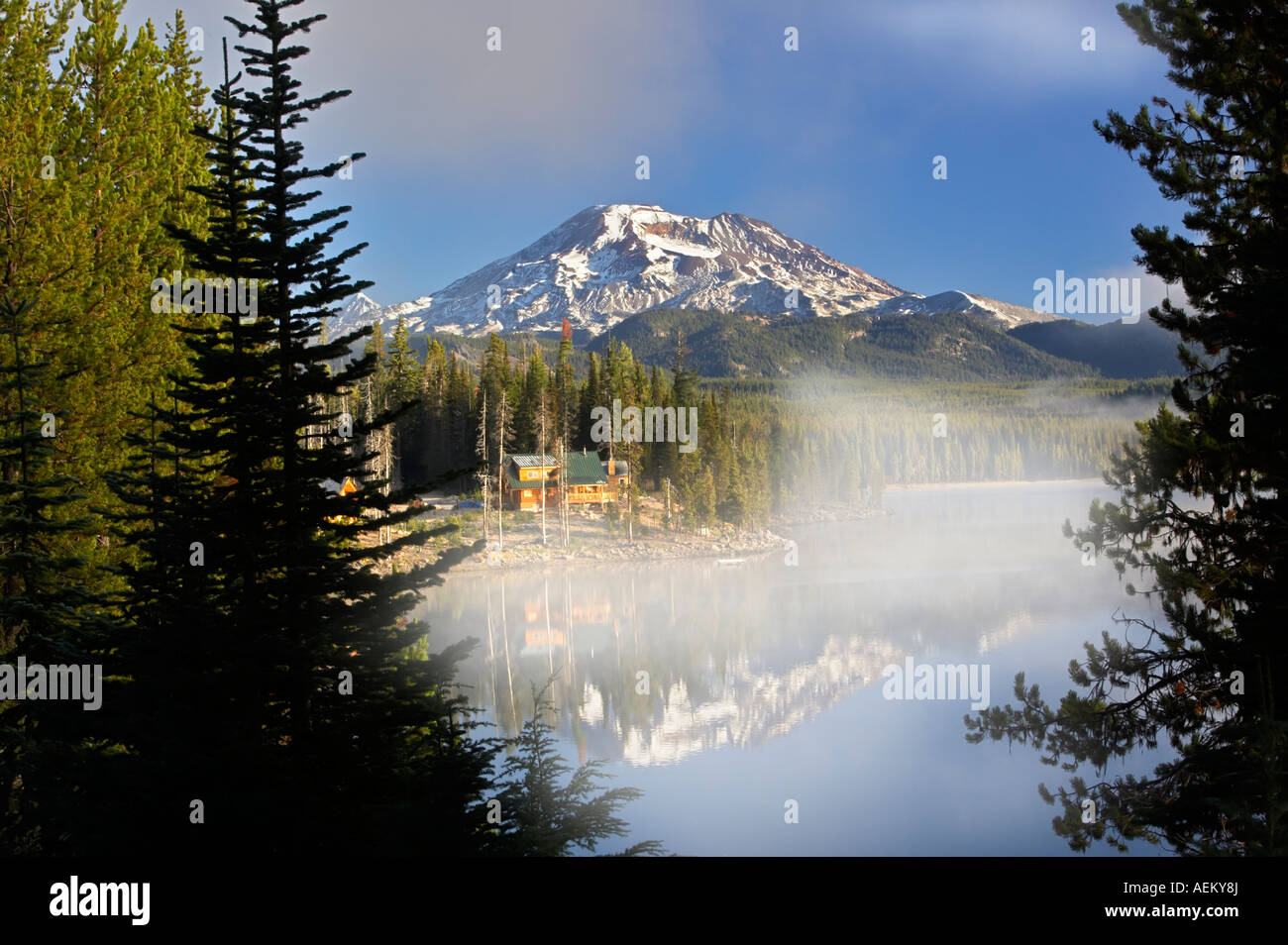 South Sister Mountain Reflected In Elk Lake With Cabin Central