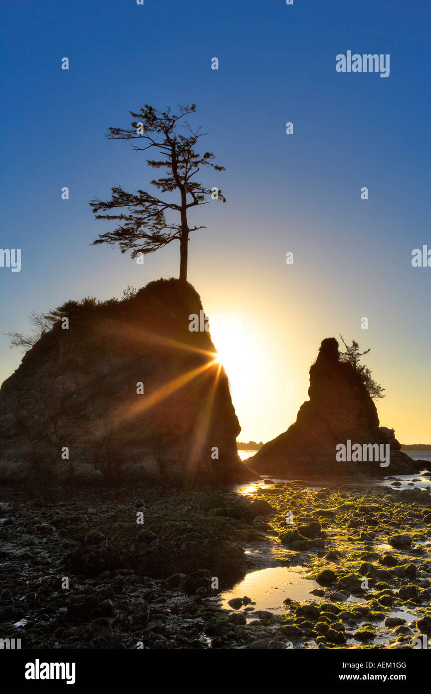 The Three Graces and sunset Tillamook Bay Oregon Stock Photo