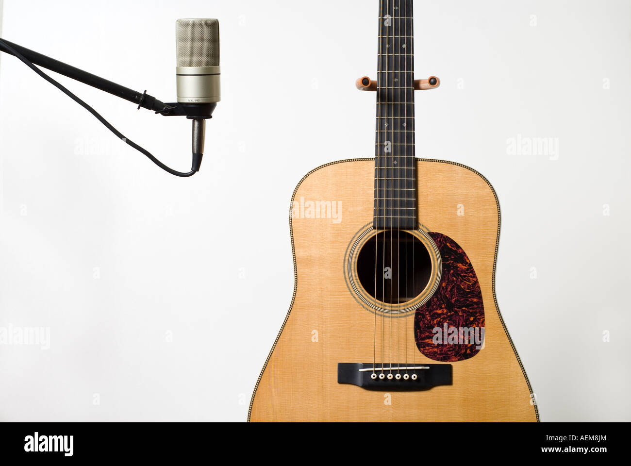 Martin D-28 Dreadnaught acoustic guitar and condenser microphone Stock Photo