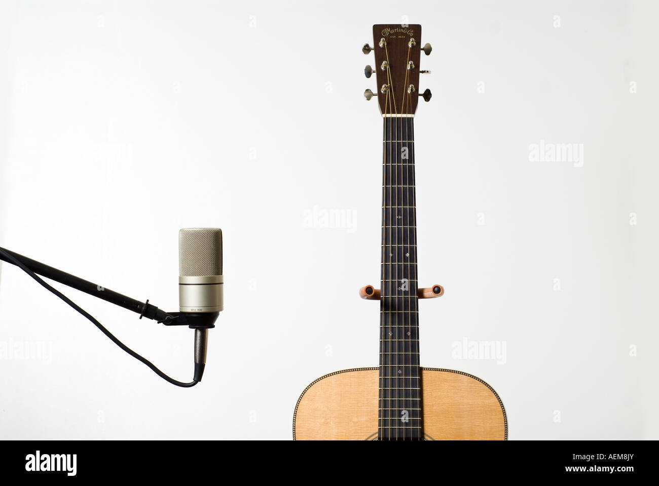 Martin D-28 Dreadnaught acoustic guitar and condenser microphone Stock Photo