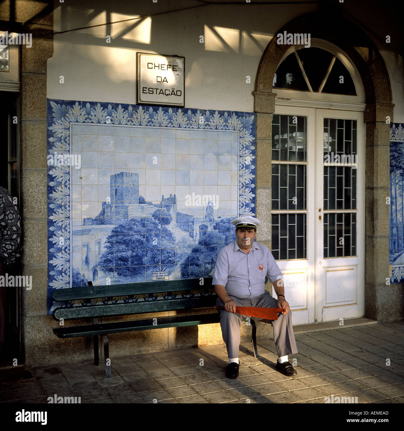 Granja railway station master and azulejo depicting the Templar castle in Tomar, Granja, Aveiro, Portugal, Europe, Stock Photo