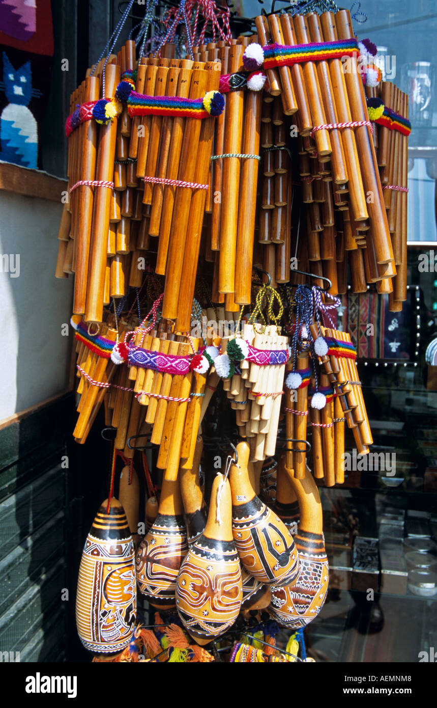 Display of panpipes and huiros (musical instruments) outside gift shop