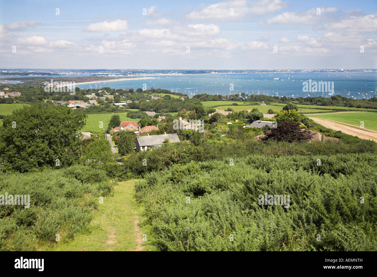 The heathland and the village of Studland on the Isle of Purbeck, Dorset, England. UK Stock Photo