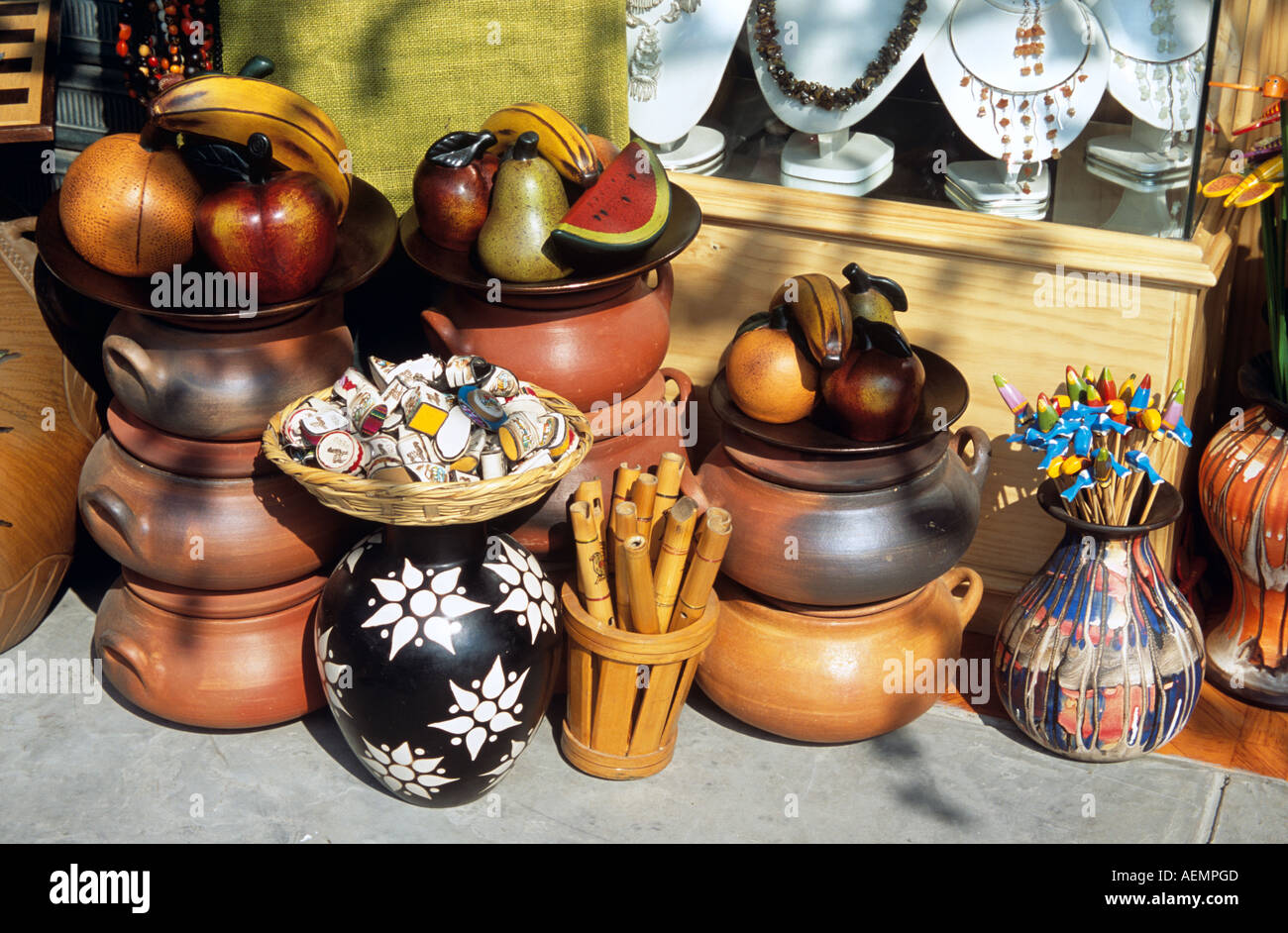 Ornamental artificial fruit display on pots, outside gift shop, Indian Market, Lima, Peru Stock