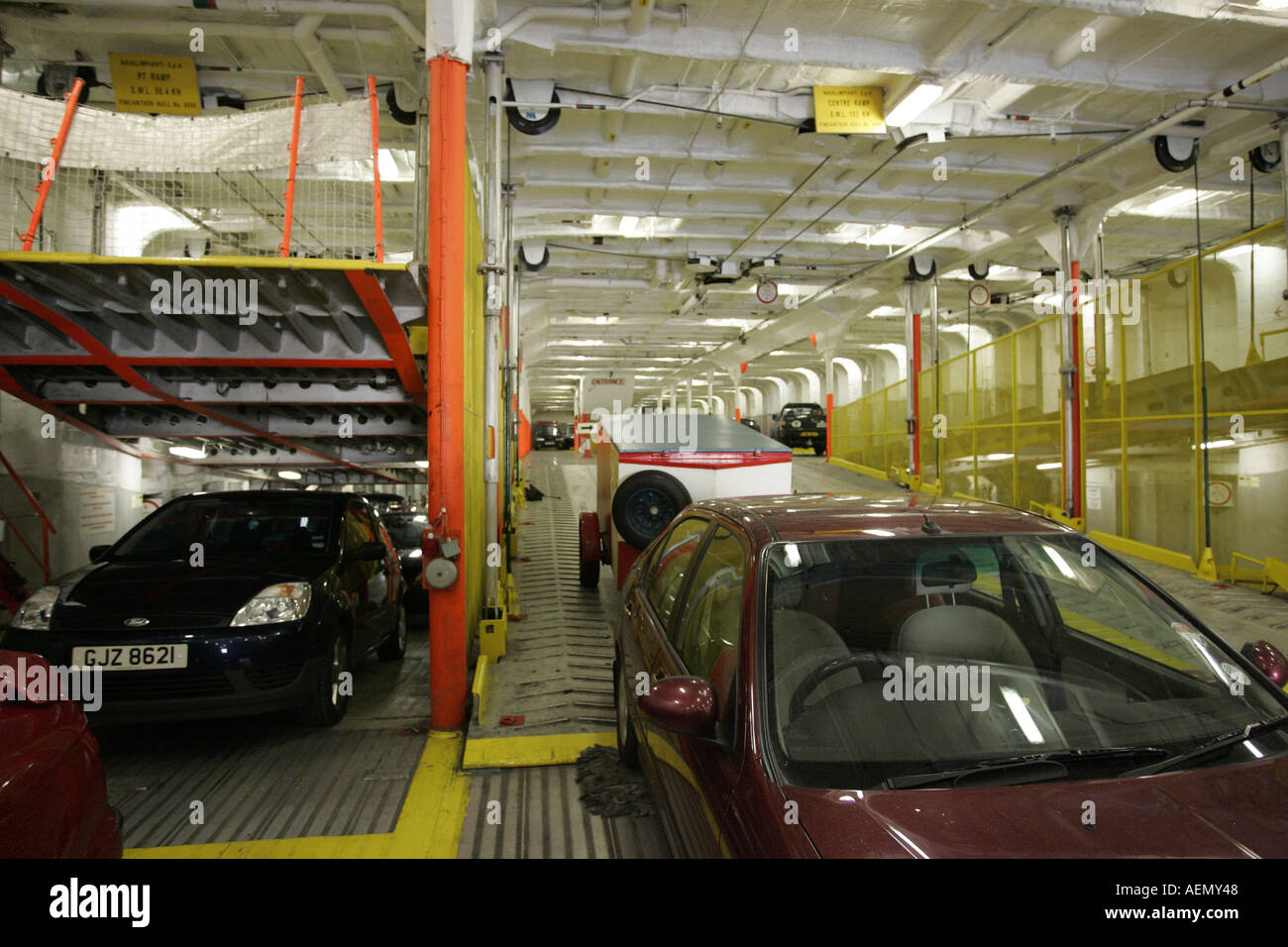 Car Deck Of The Superseacat Fast Ferry Isle Of Man Steam Packet Stock car-deck-of-the-superseacat-fast-ferry-isle-of-man-steam-packet-stock