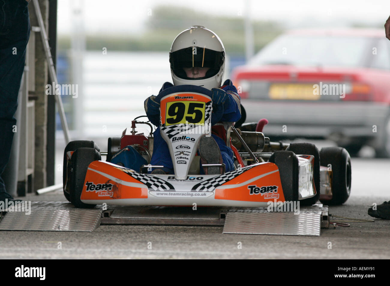 Cadet kart driver on weigh bridge at kirkistown racing circuit county