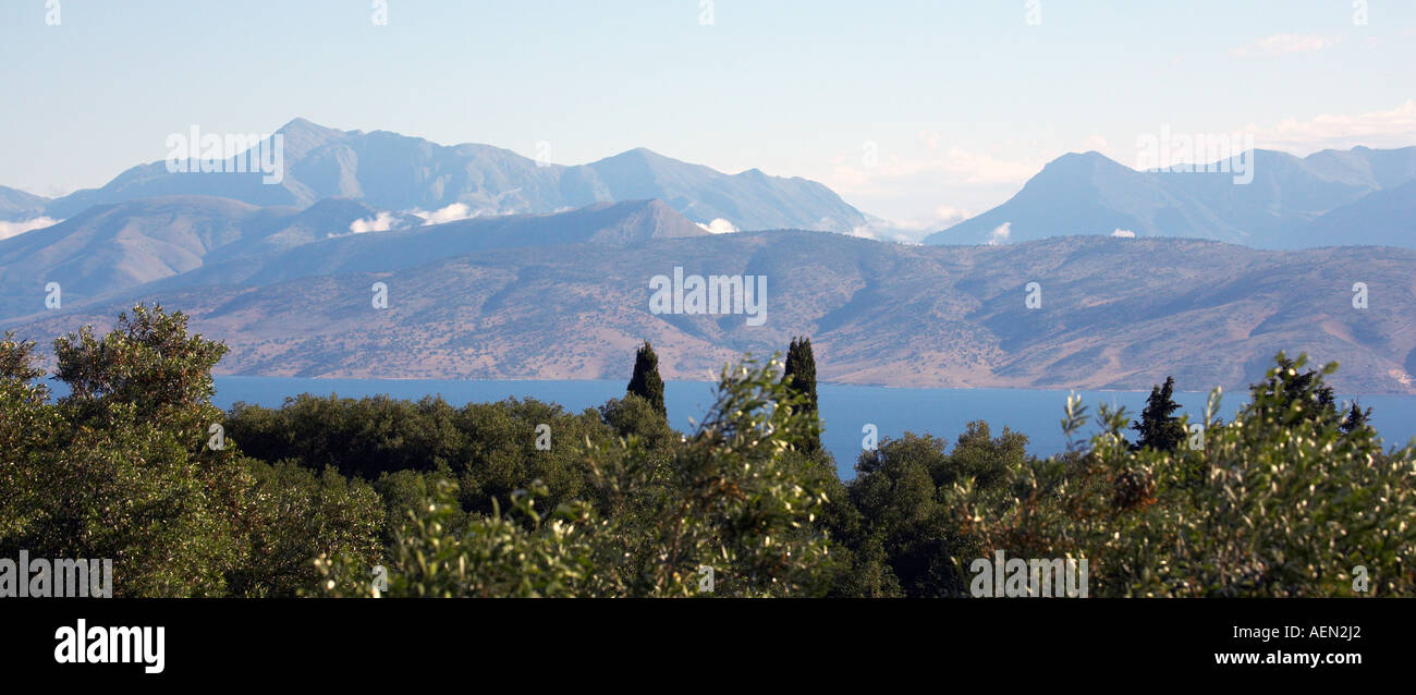 A view of the Albanian coast and hills from the slopes of Mount Pantokrator Corfu Stock Photo