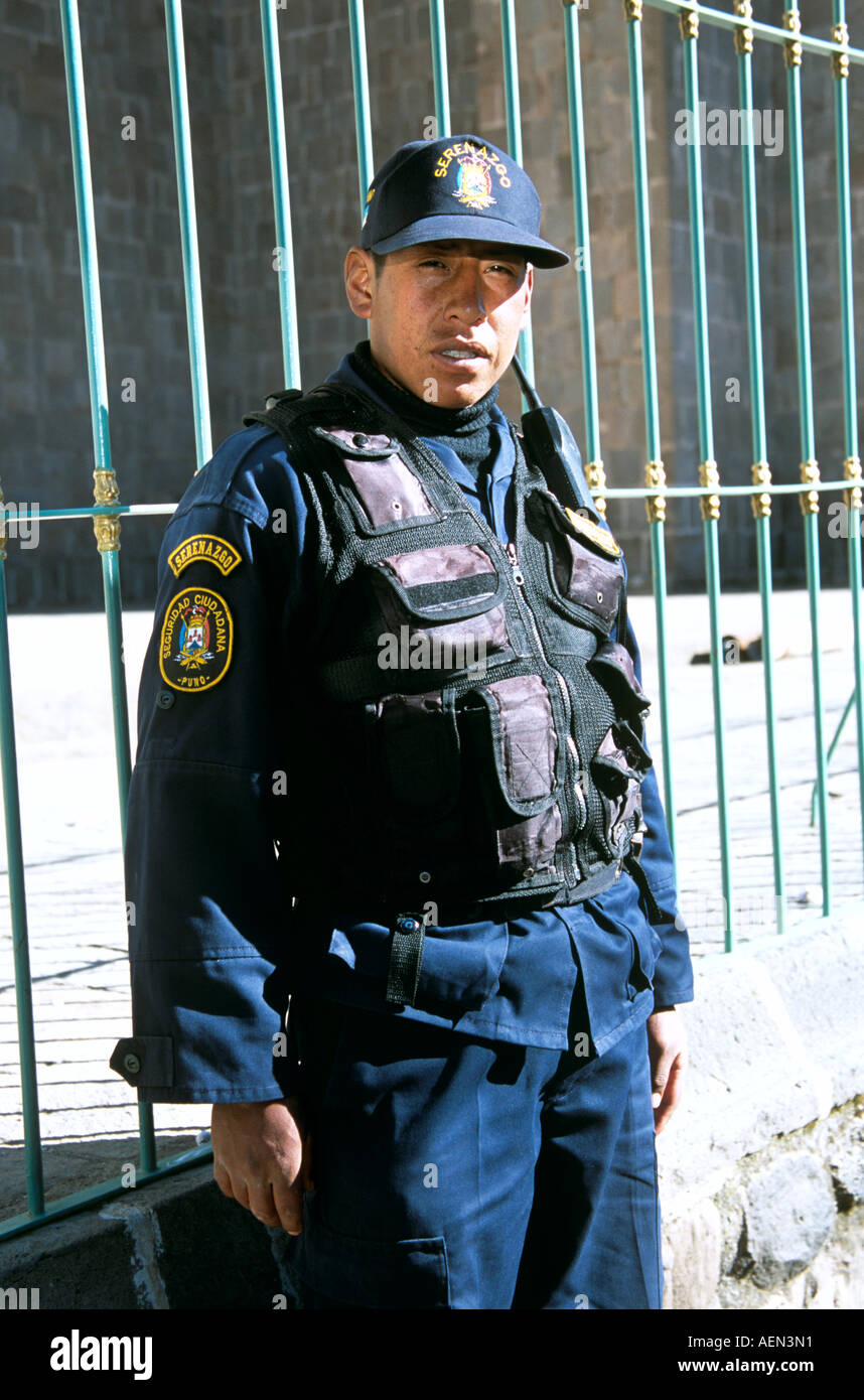 Policeman, Plaza de Armas, Puno, Peru Stock Photo