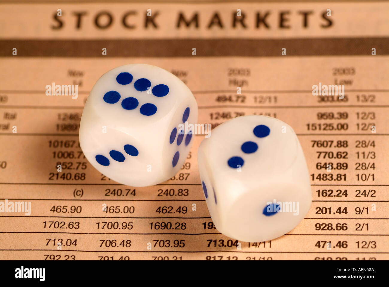 Finance and Investment Concept with Dice on an Financial Paper Stock
