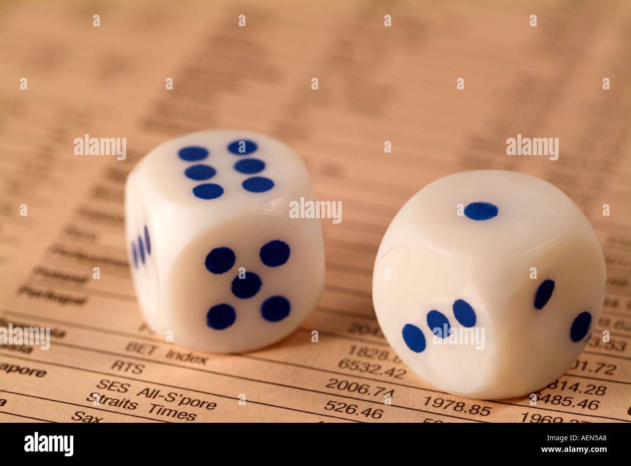 Finance and Investment Concept with Dice on an Financial Paper Stock