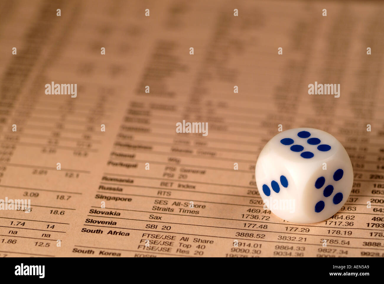 Finance and Investment Concept with Dice on an Financial Paper Stock