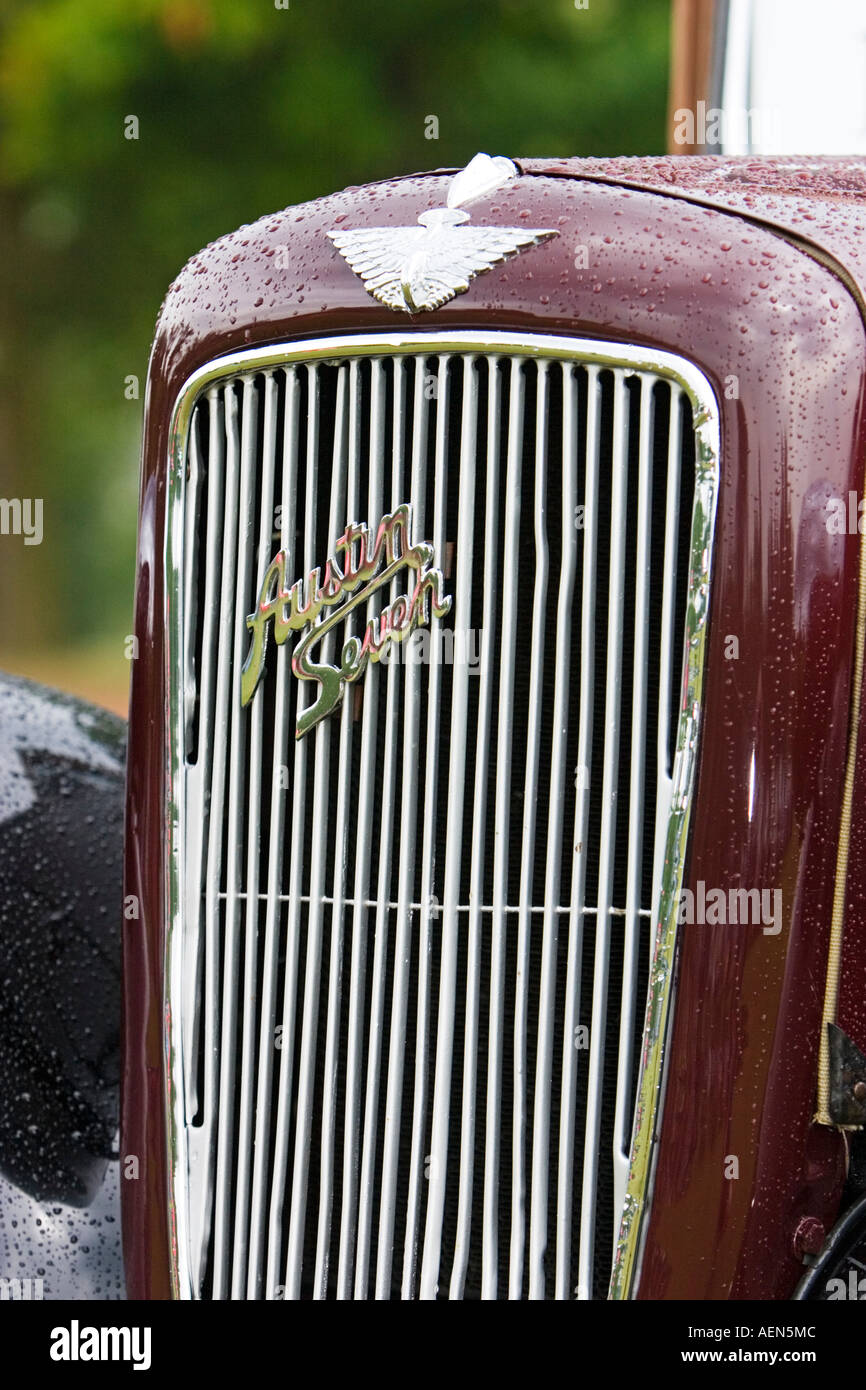 Front grill and marque of classic Austin Seven car at vintage vehicle
