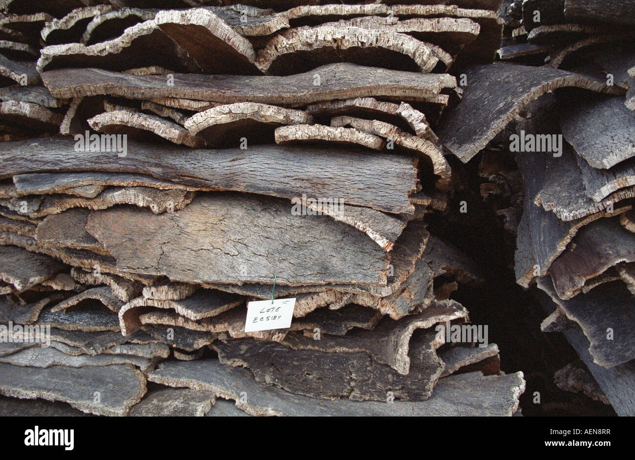 Big pile of stored cork oak tree bark. Newly harvested, drying outside ...