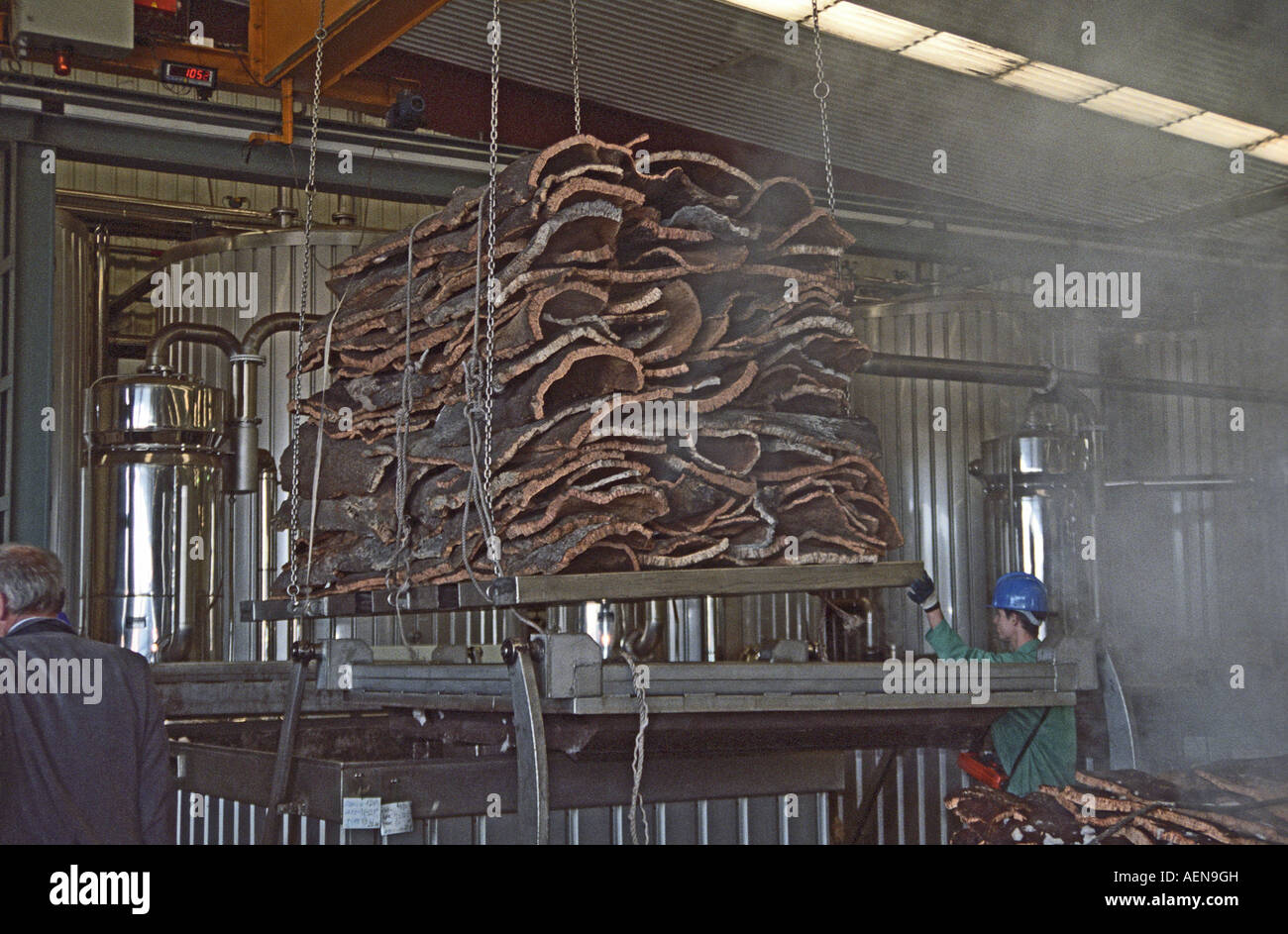 Cleaning and boiling cork oak tree bark. Amorim cork production plant. Alentejo, Portugal Stock