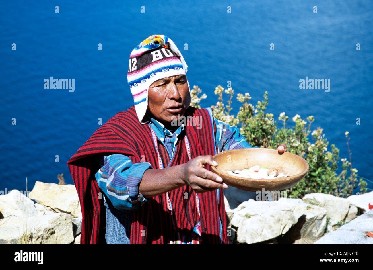 Witch Doctor holding bowl, Inti Wata Cultural Complex, Sun Island, Lake Titicaca, near Copacabana, Bolivia Stock Photo