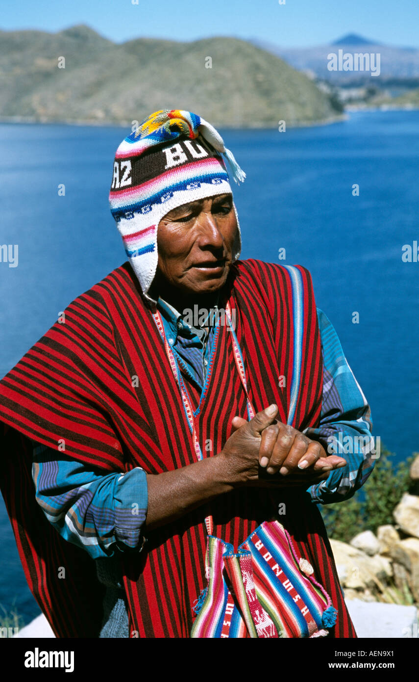 Witch Doctor, Inti Wata Cultural Complex, Sun Island, Lake Titicaca, near Copacabana, Bolivia Stock Photo