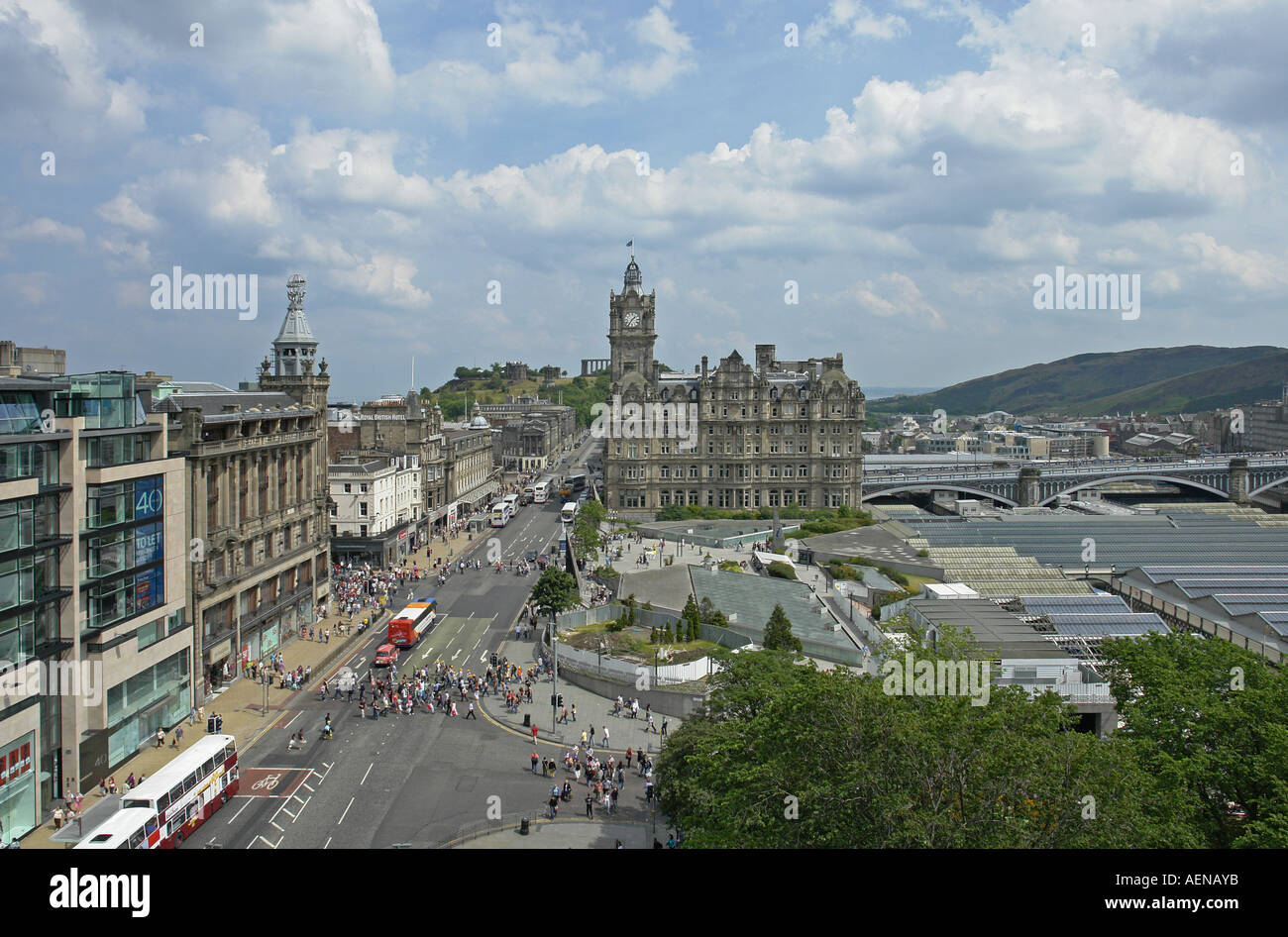 The Balmoral Hotel dominates the skyline looking east from the Sir Walter Scott Monument Stock Photo