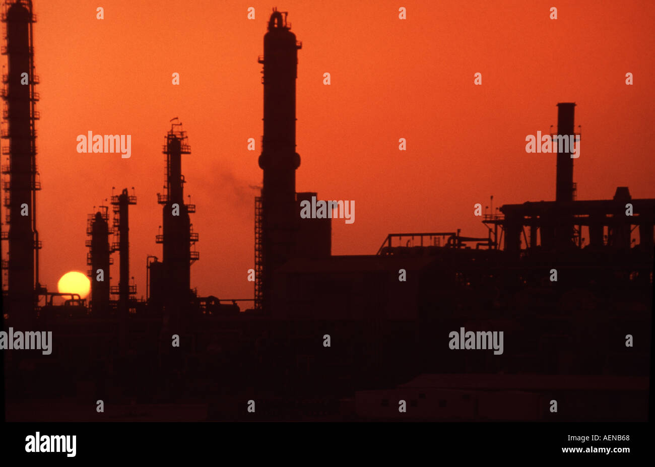 Sunset behind petrochemical plant in Saudi Arabia Ibn Sina methane gas processing plant and