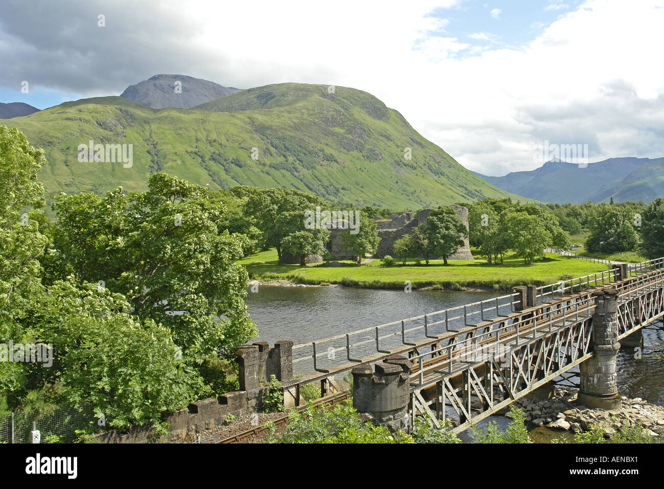 The railway bridge over River Lochy and Inverlochy Castle Ruin near