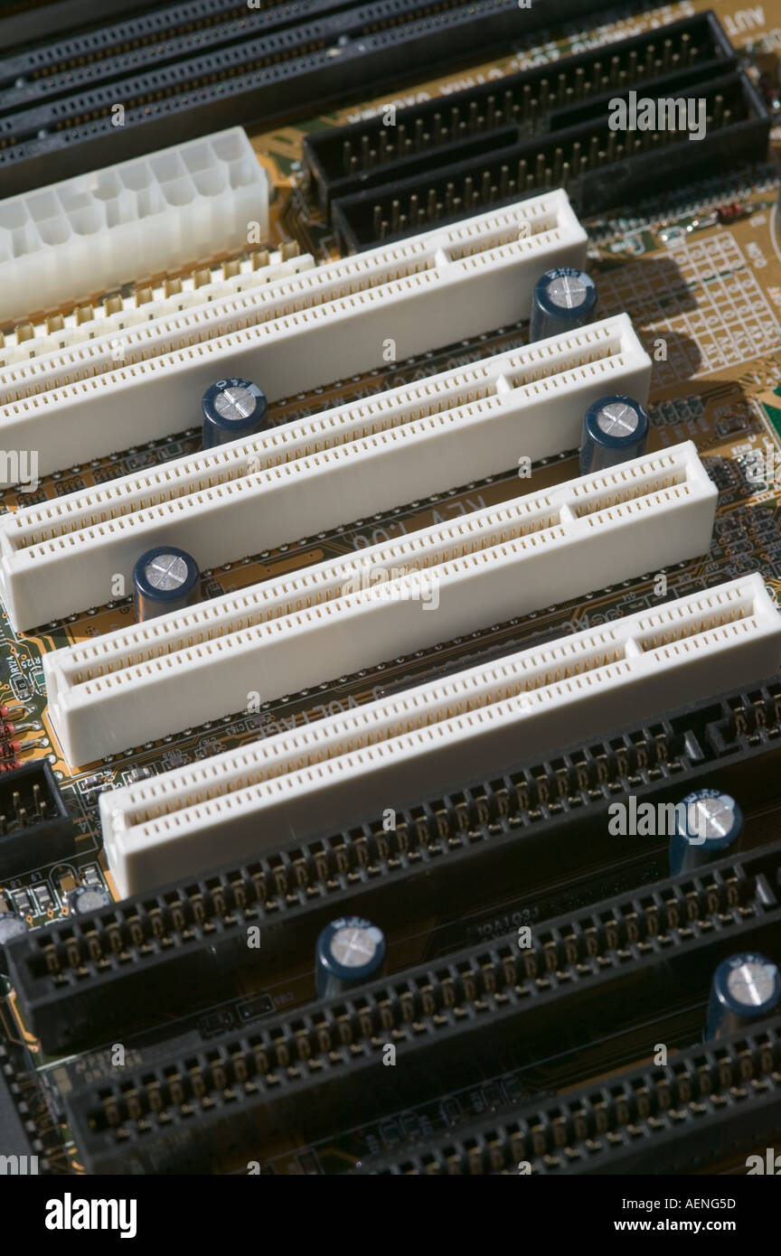 Slots for peripheral devices on a computer main board Stock Photo